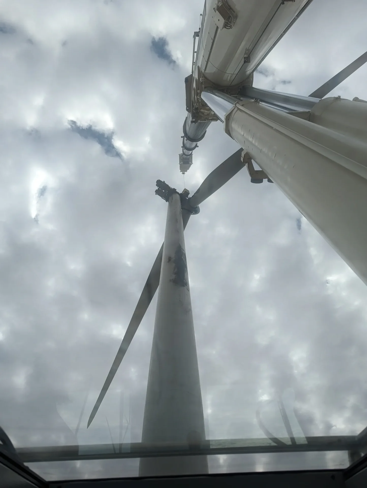 A view of the top of a wind turbine.